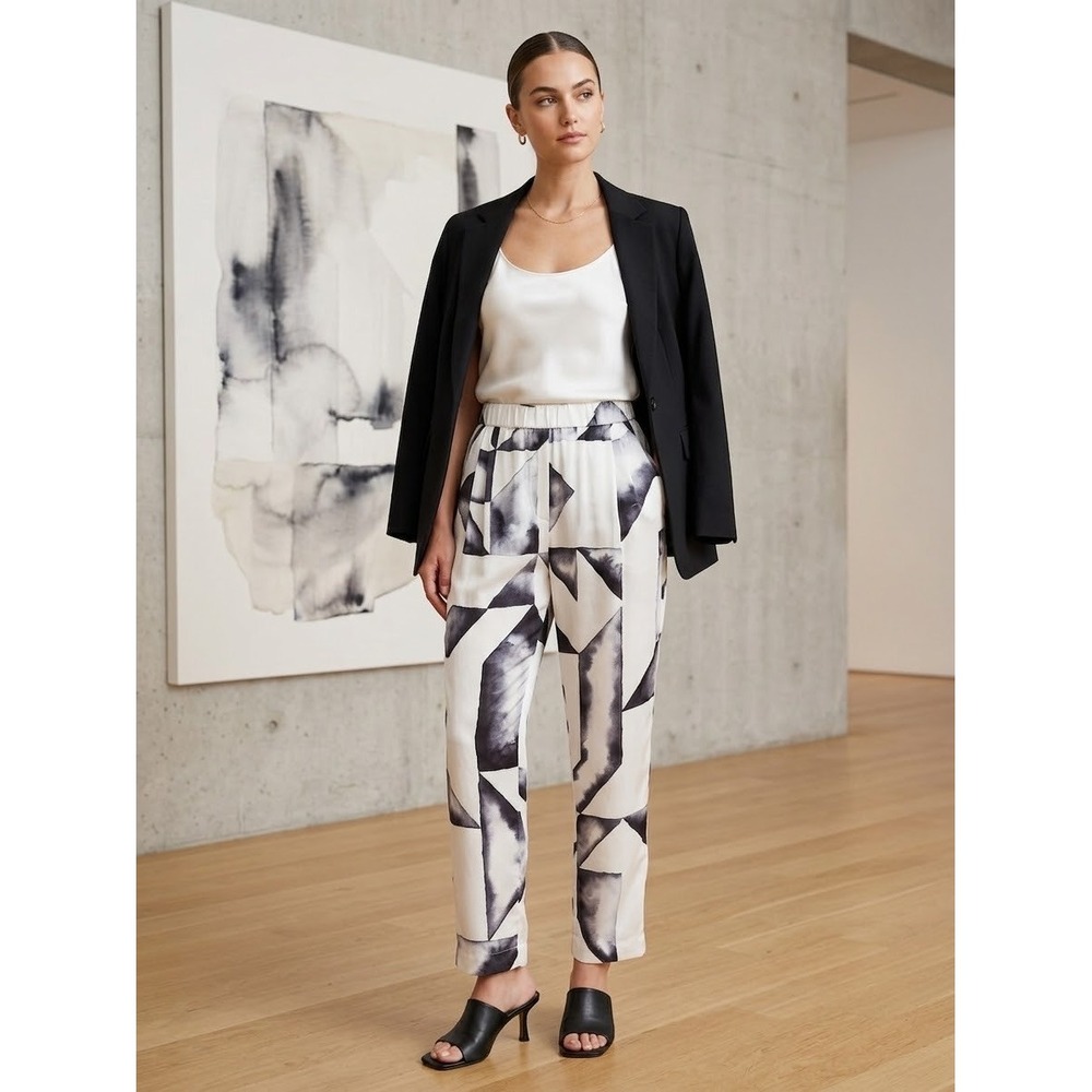 3.1 Phillip Lim 100% Silk Geometric Abstract Print Trousers Black White Size 8